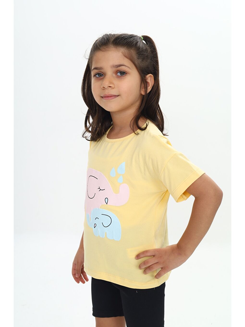 Sarı Kız Çocuk Fil Baskılı Tişört-1