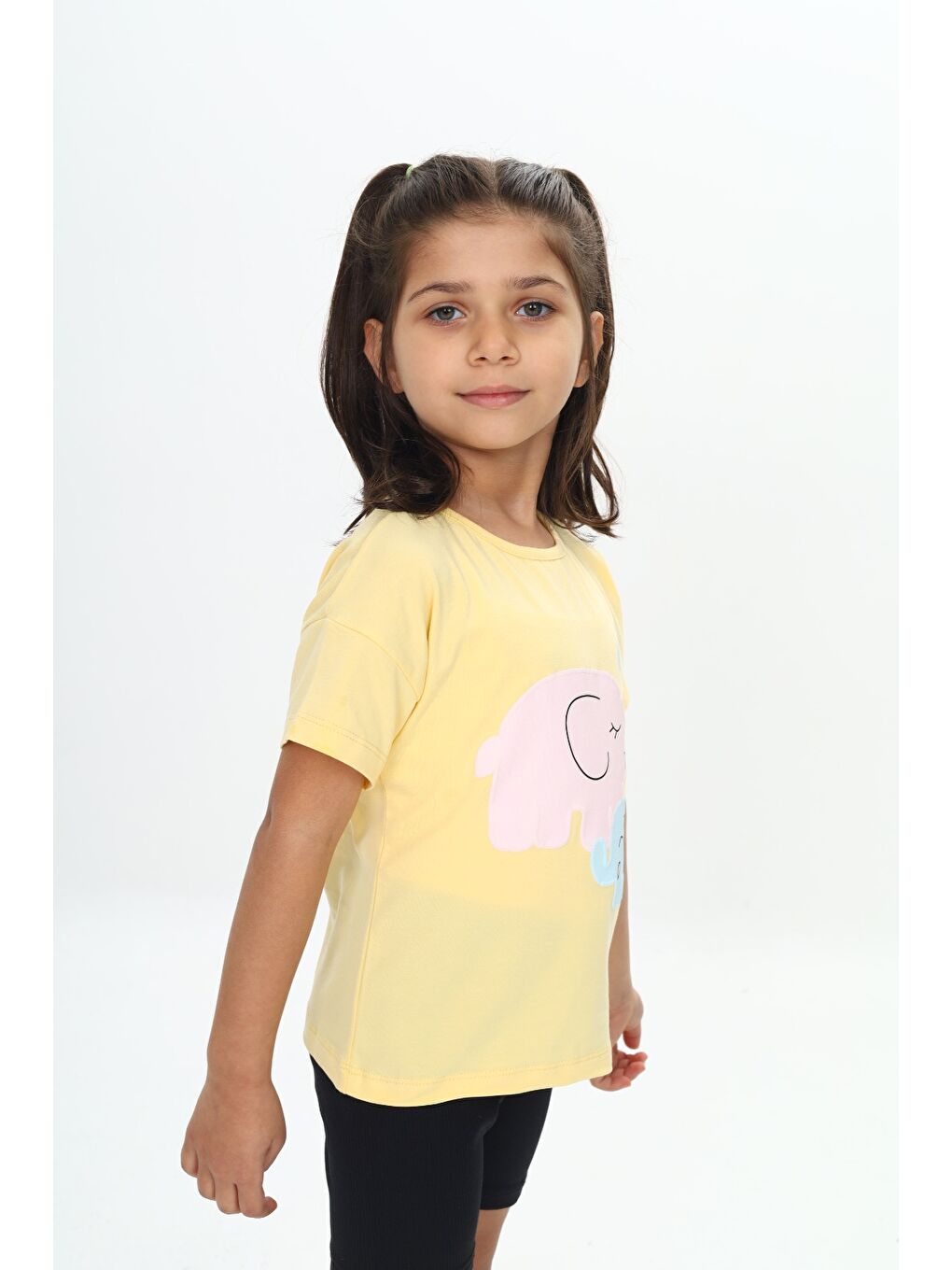 Sarı Kız Çocuk Fil Baskılı Tişört-2