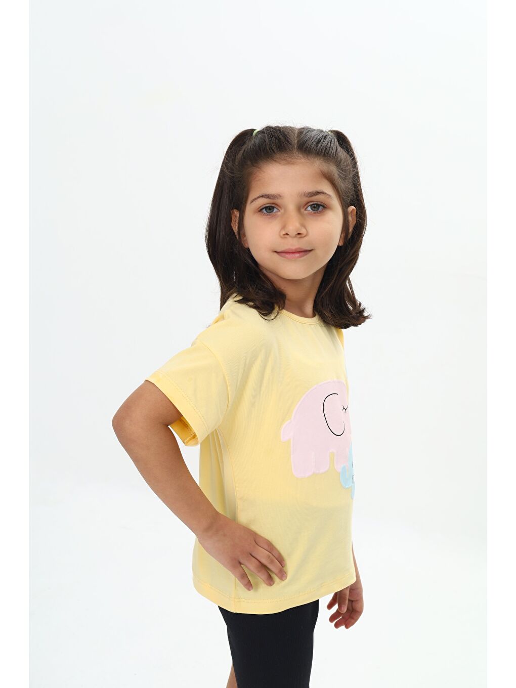 Sarı Kız Çocuk Fil Baskılı Tişört-3