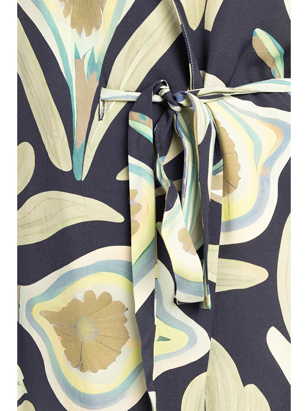 Kahverengi İndigo-Yeşil-Kruvaze Yaka Desenli Kuşaklı Kimono-3