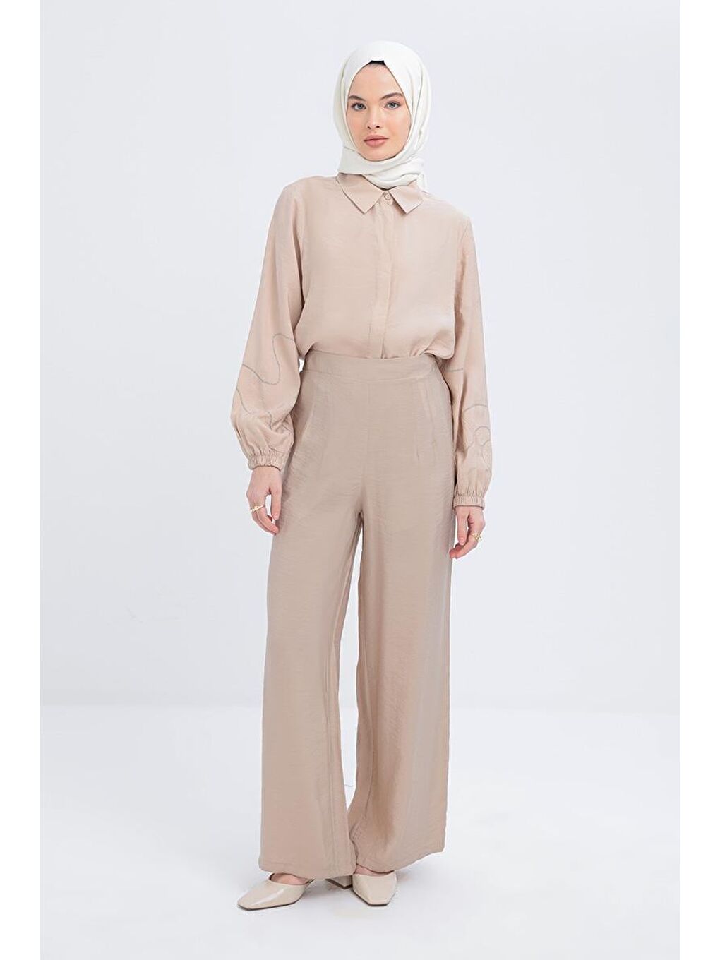 Bej-Yandan Fermuarlı Modal Geniş Paça Pantolon-1