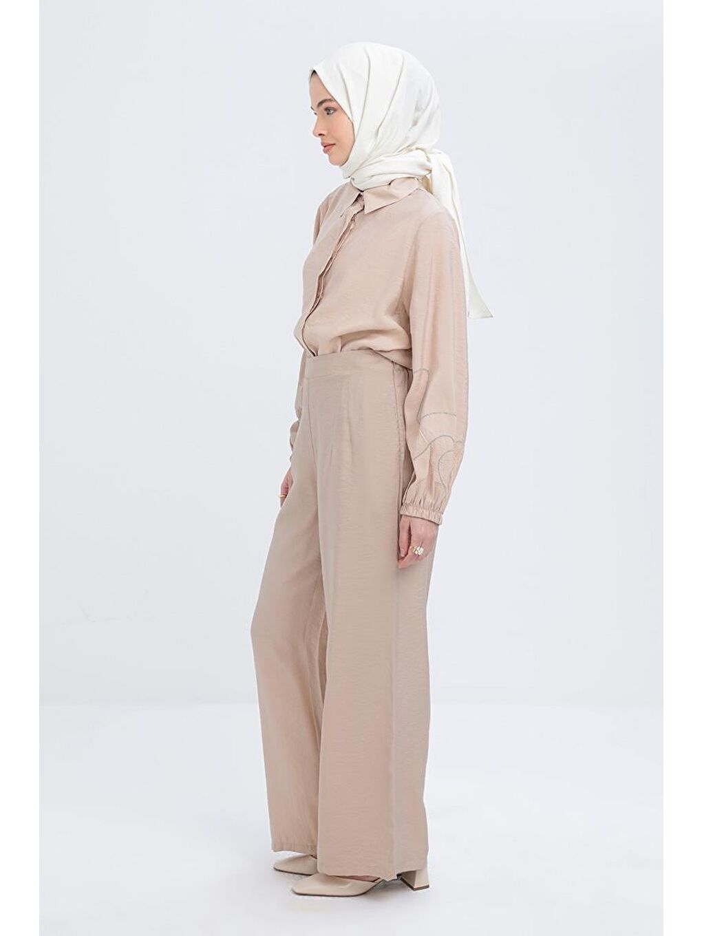 Bej-Yandan Fermuarlı Modal Geniş Paça Pantolon-2