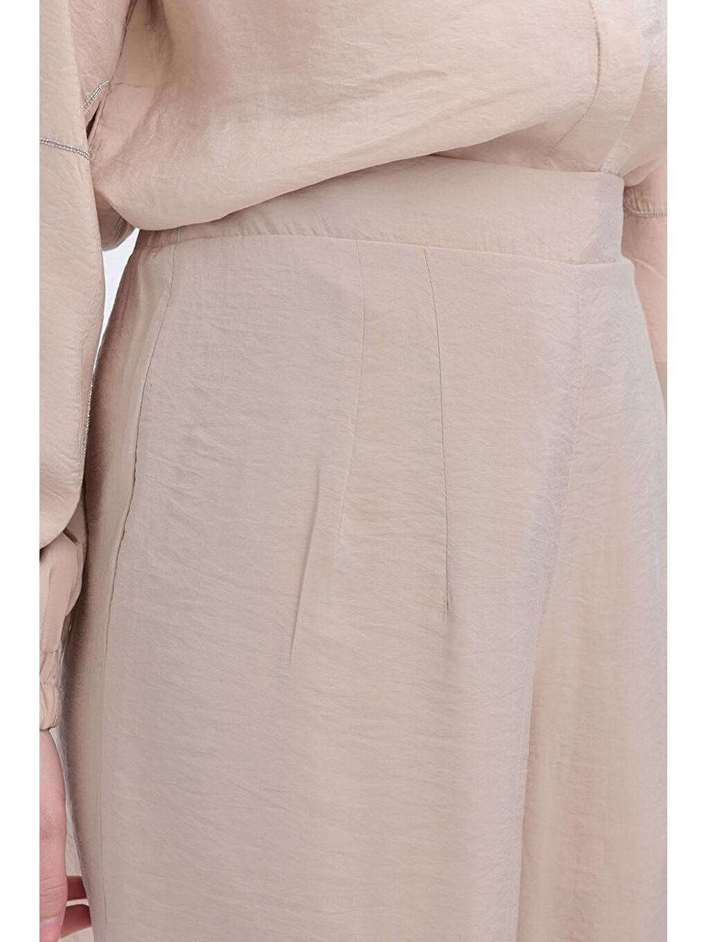 Bej-Yandan Fermuarlı Modal Geniş Paça Pantolon-3