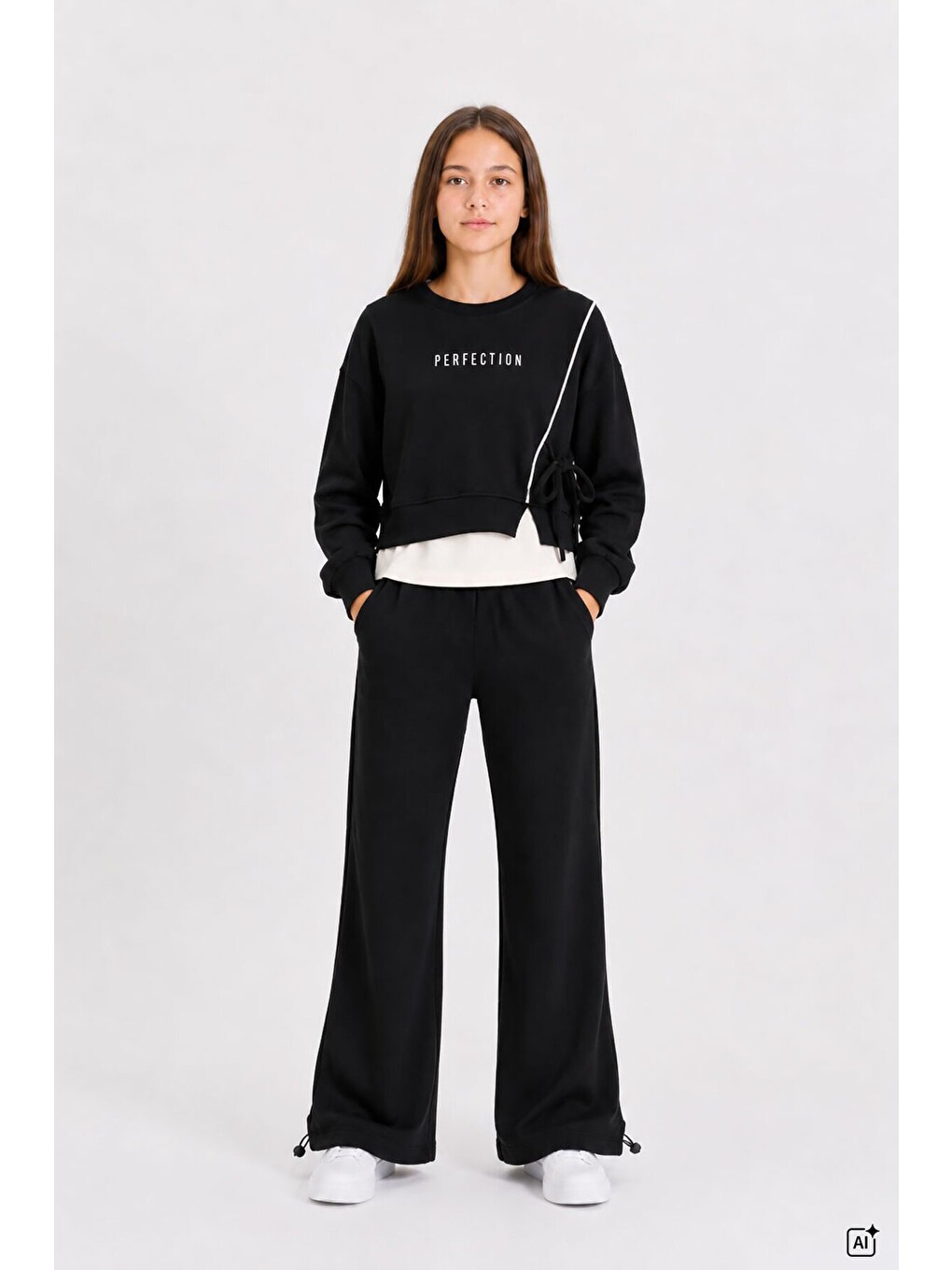 Siyah Kız Çocuk Garnili Sweatshirt Lastikli Paça Eşofmanlı 2li Alt Üst Takım 24766
