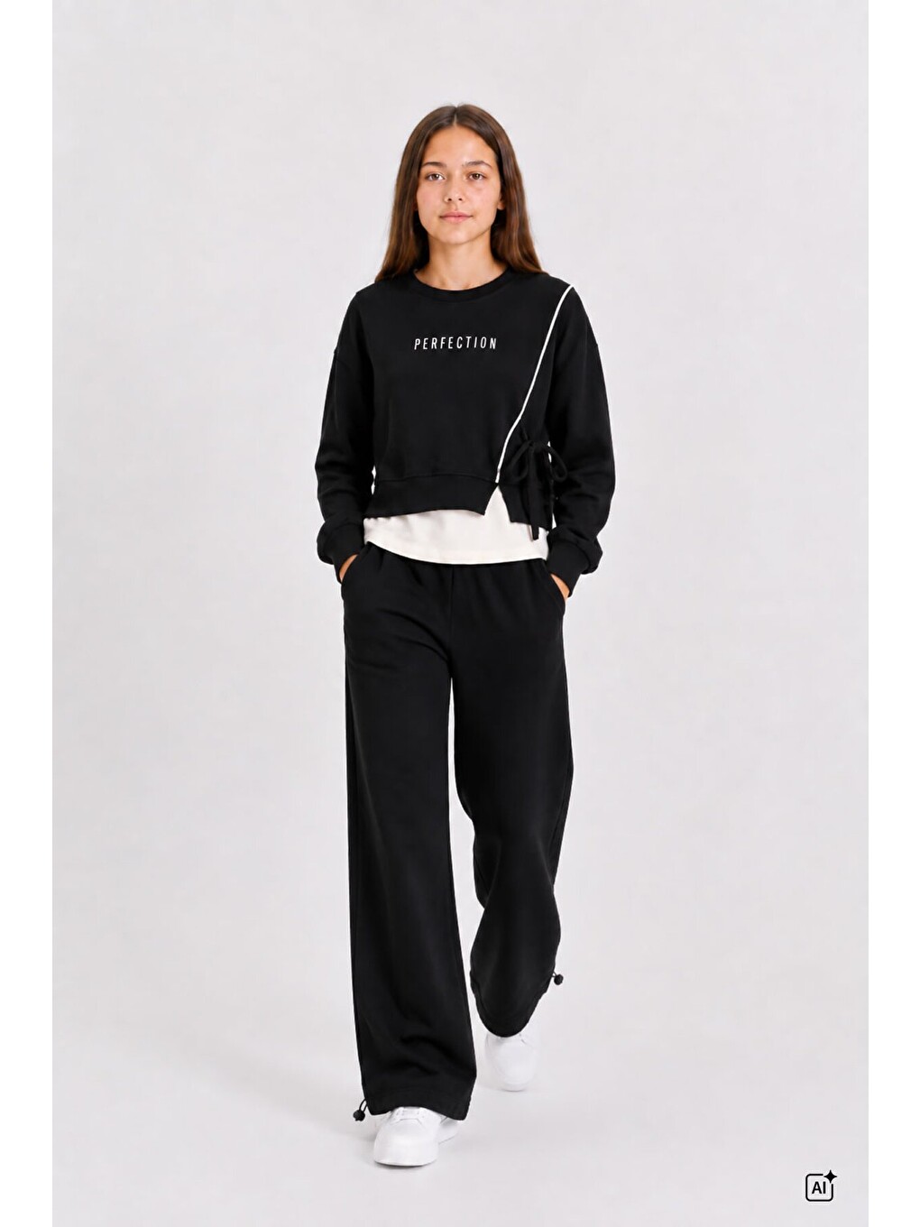 Siyah Kız Çocuk Garnili Sweatshirt Lastikli Paça Eşofmanlı 2li Alt Üst Takım 24766-1