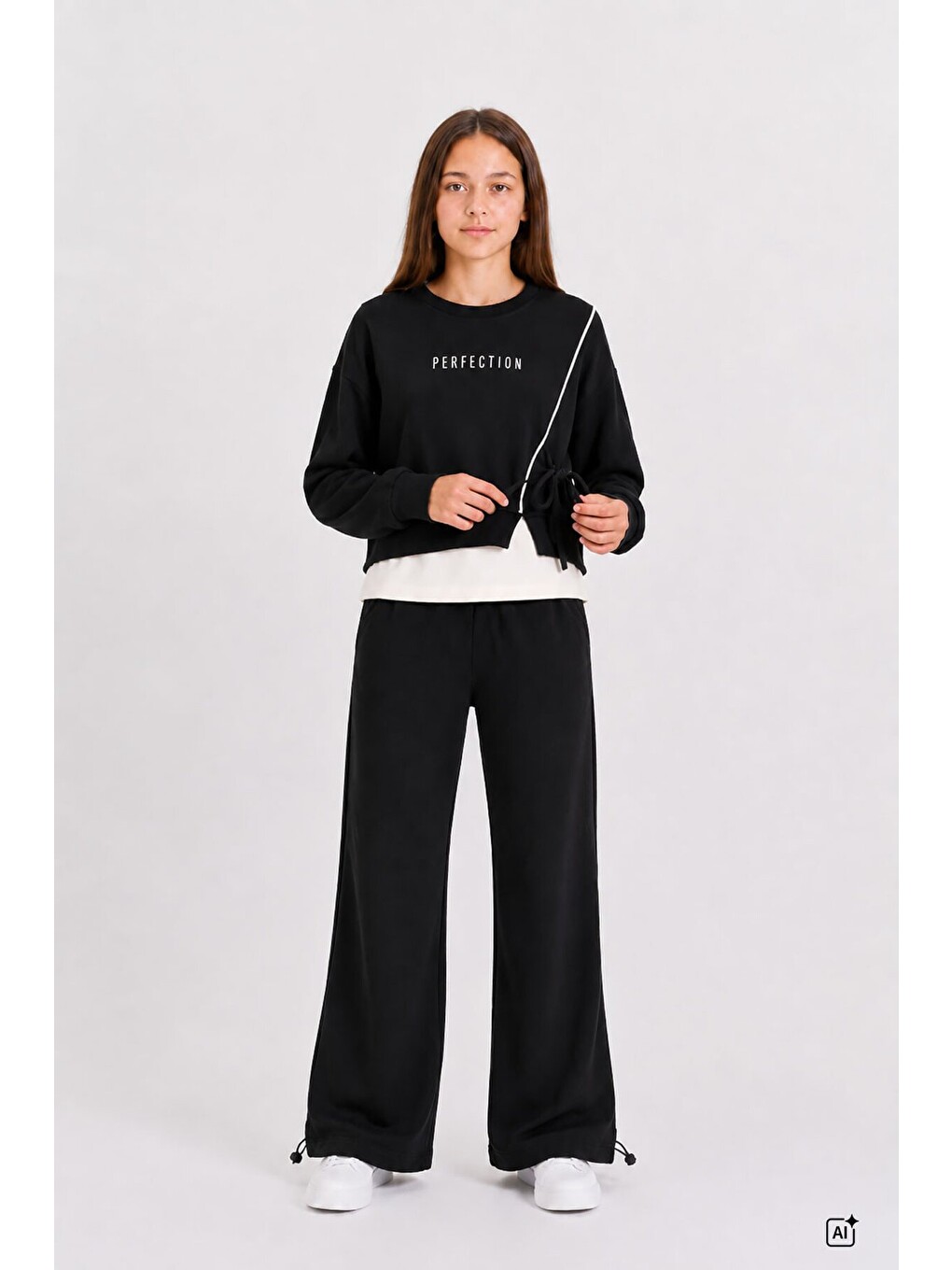 Siyah Kız Çocuk Garnili Sweatshirt Lastikli Paça Eşofmanlı 2li Alt Üst Takım 24766-2