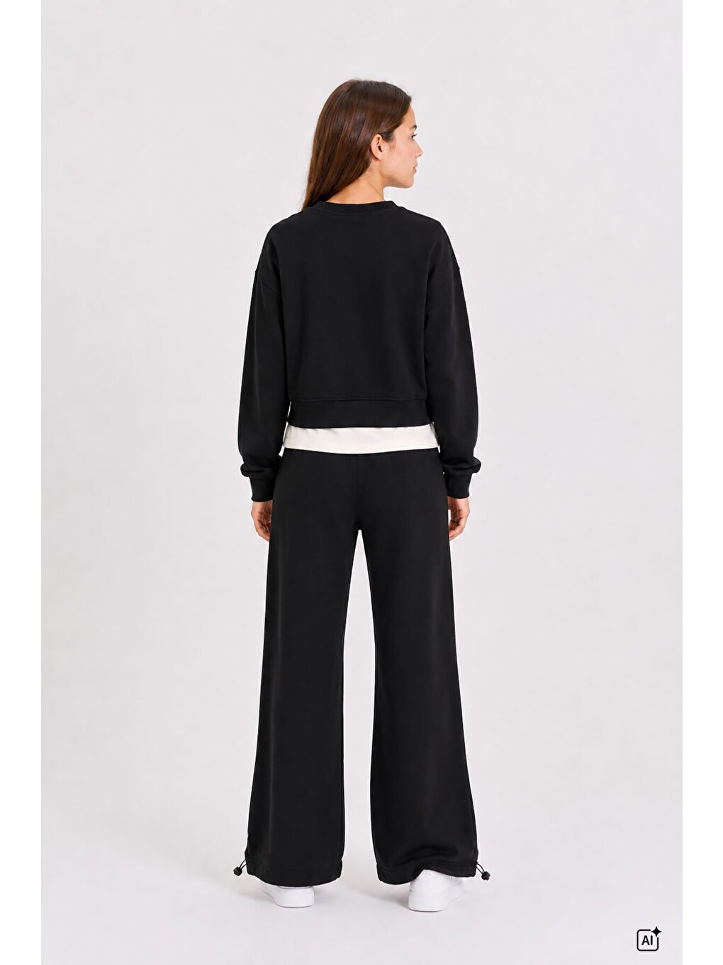 Siyah Kız Çocuk Garnili Sweatshirt Lastikli Paça Eşofmanlı 2li Alt Üst Takım 24766-3