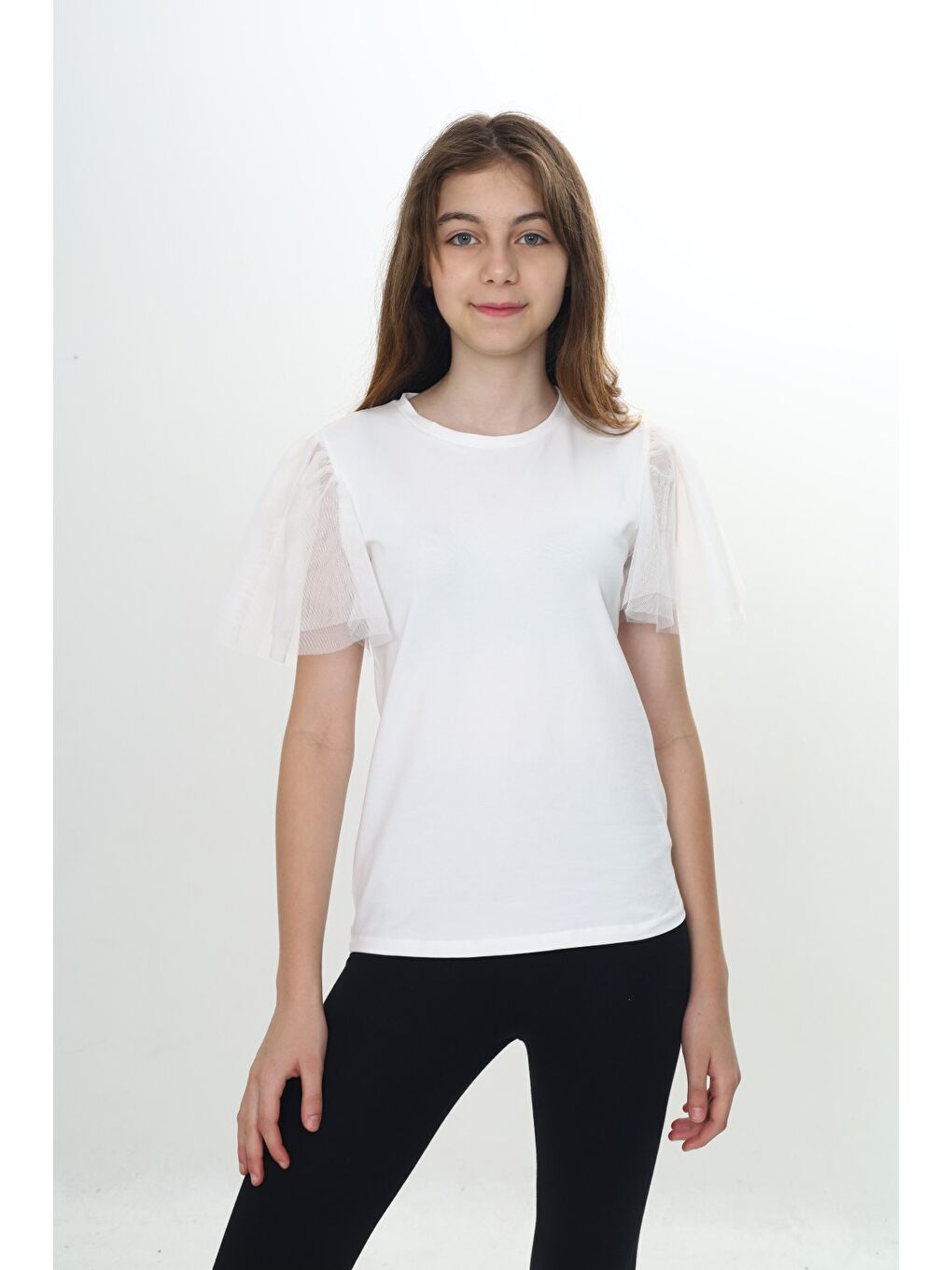 Ekru Kız Çocuk Tüllü Tişört