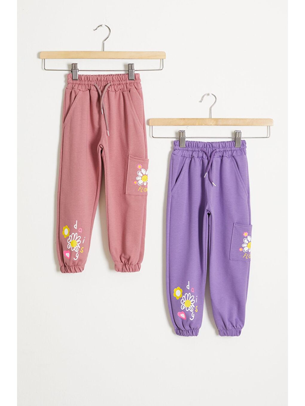 Kırmızı Kız Çocuk Paçası Çiçek Baskılı 2'li Eşofman Altı Lila-Gül Kurusu 18391