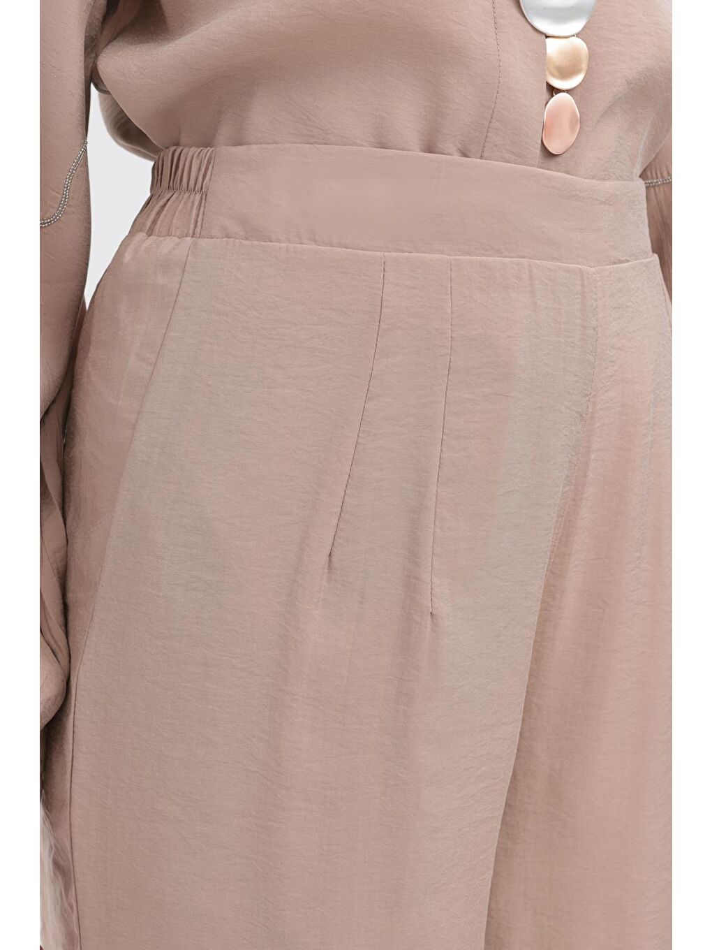 Sarı Vizon-Yandan Fermuarlı Modal Geniş Paça Pantolon-2