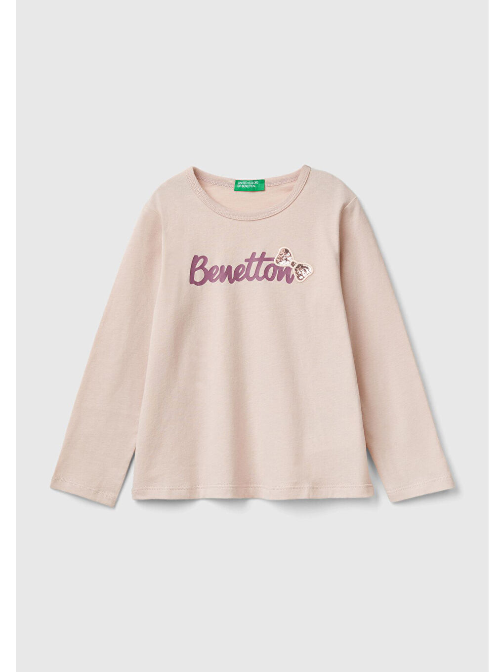 United Colors Of Benetton Kız Çocuk Toz Pembe Su Bazlı Baskılı ve İşlemeli Logolu Uzun Kollu T-Shirt