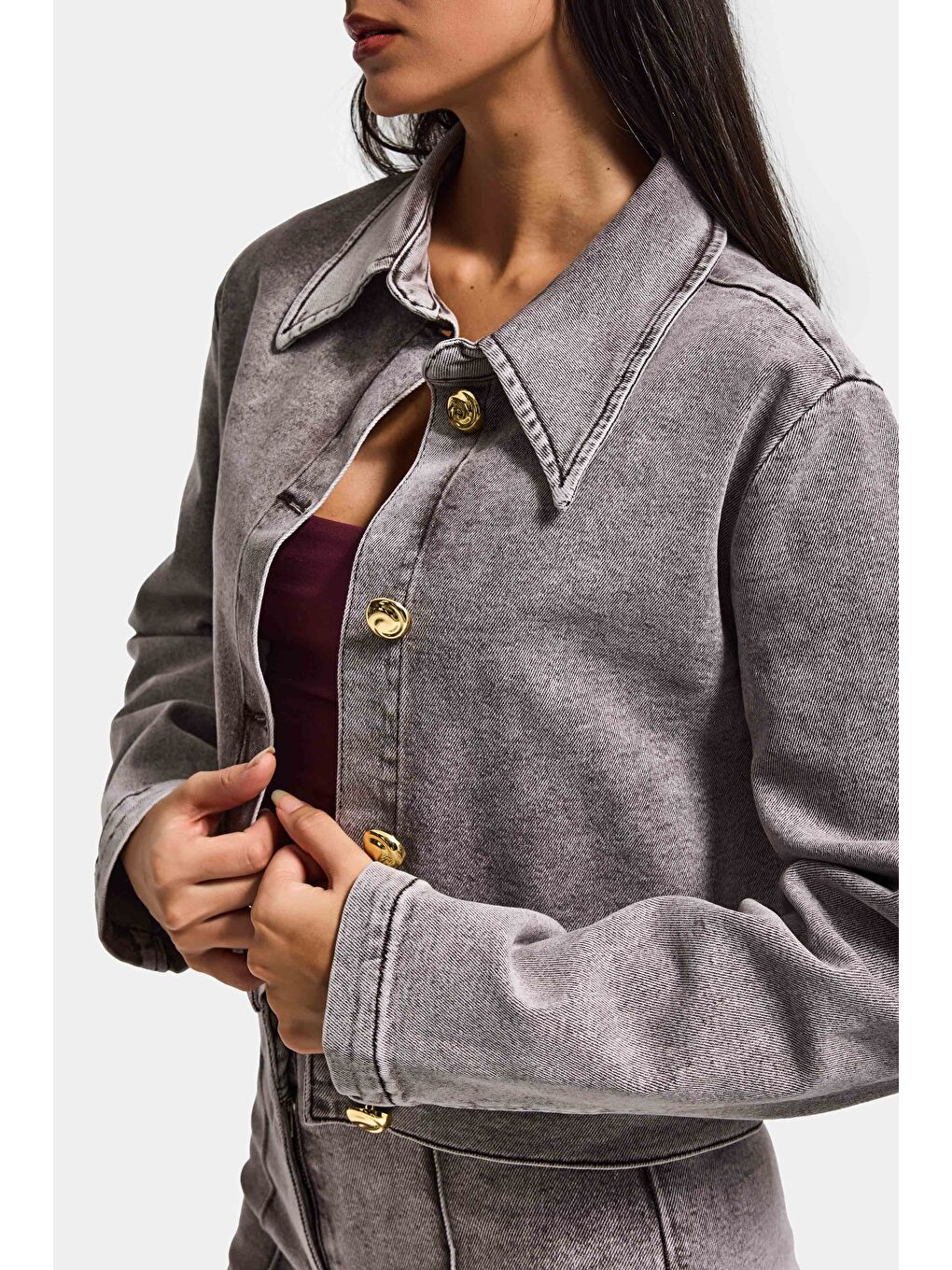 Kadın Gri 3s6-158 Crop Fit Esnek Kumaş Düğmeli Denim Ceket