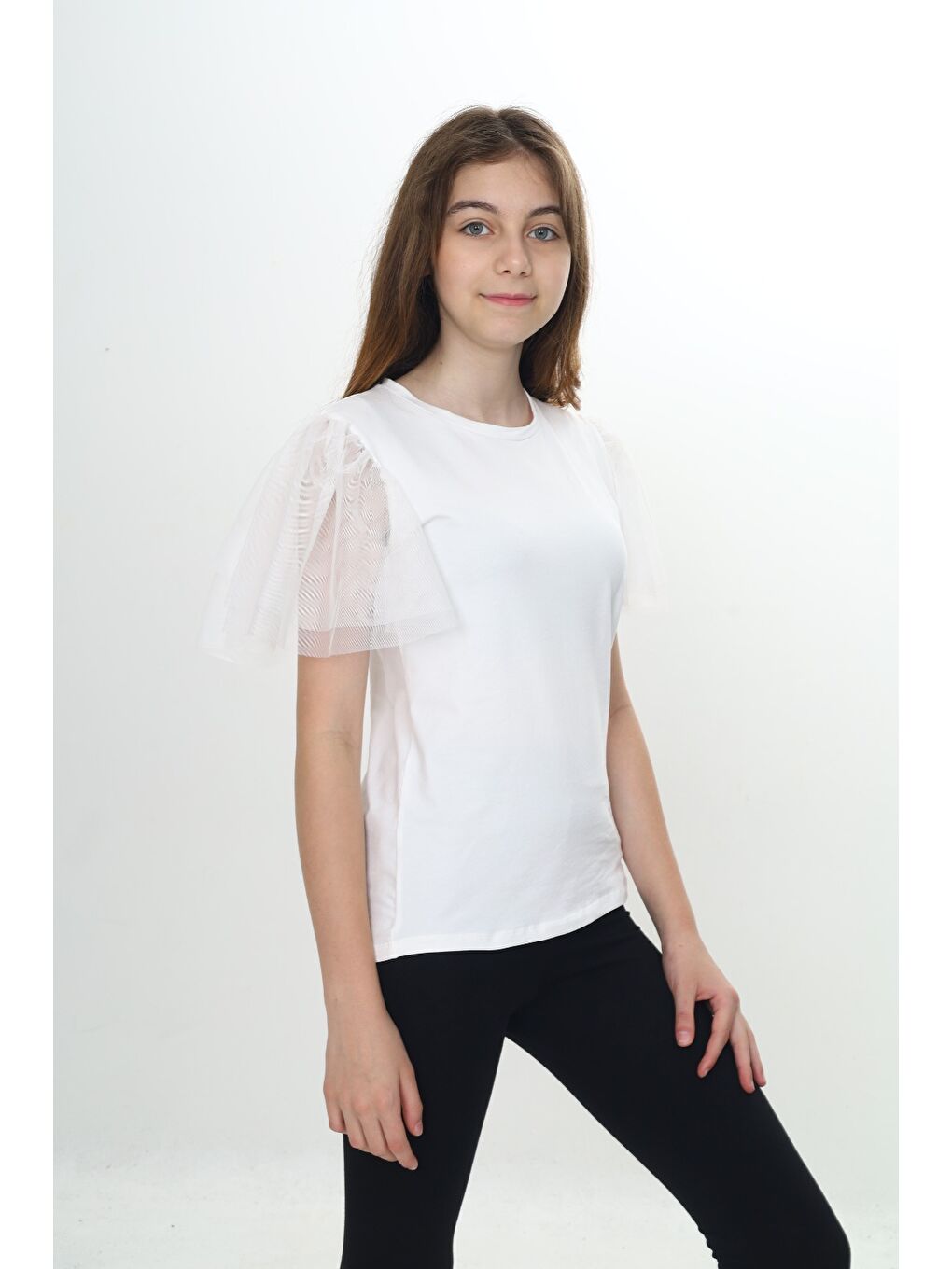Ekru Kız Çocuk Tüllü Tişört-1