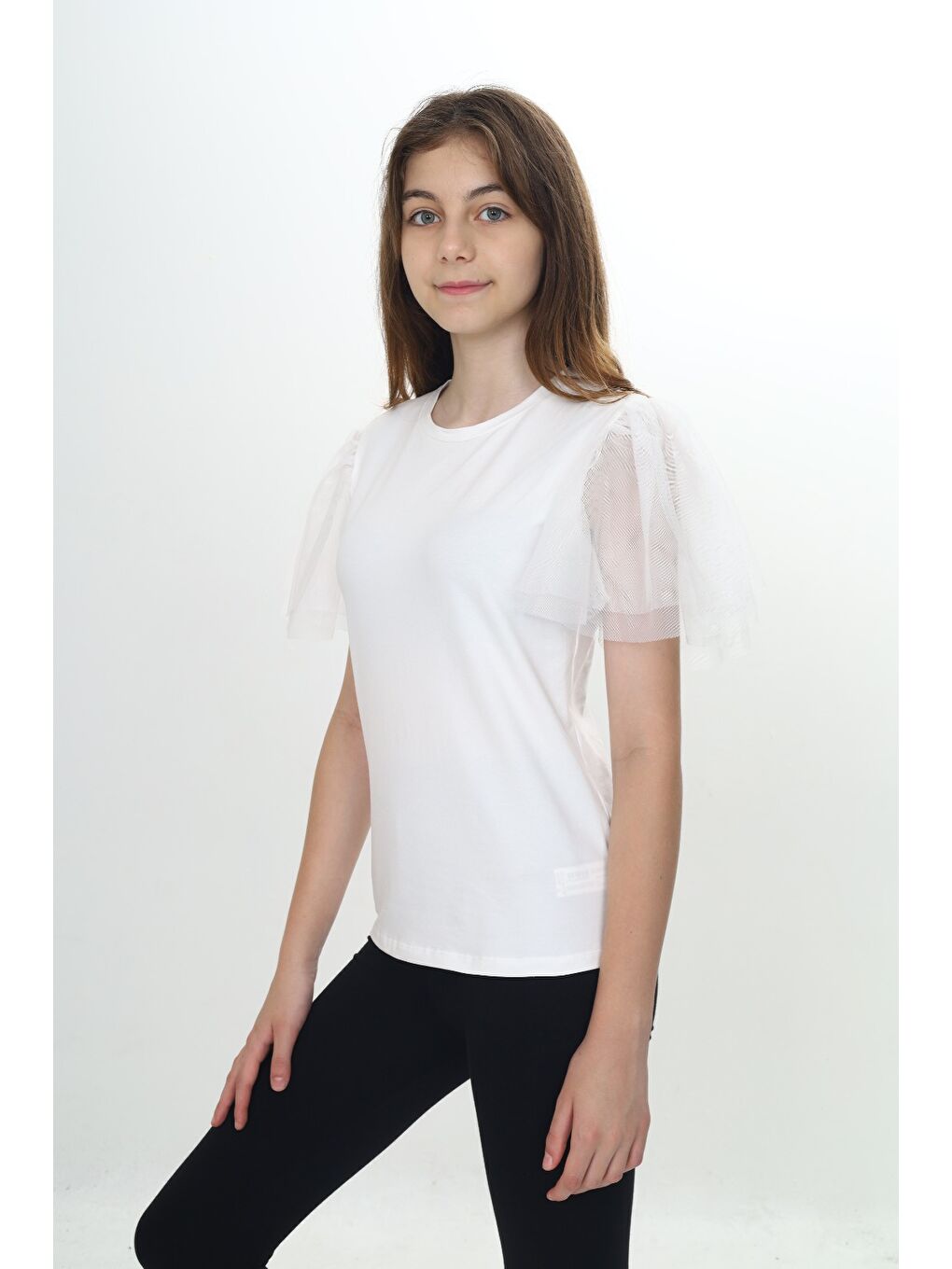 Ekru Kız Çocuk Tüllü Tişört-2