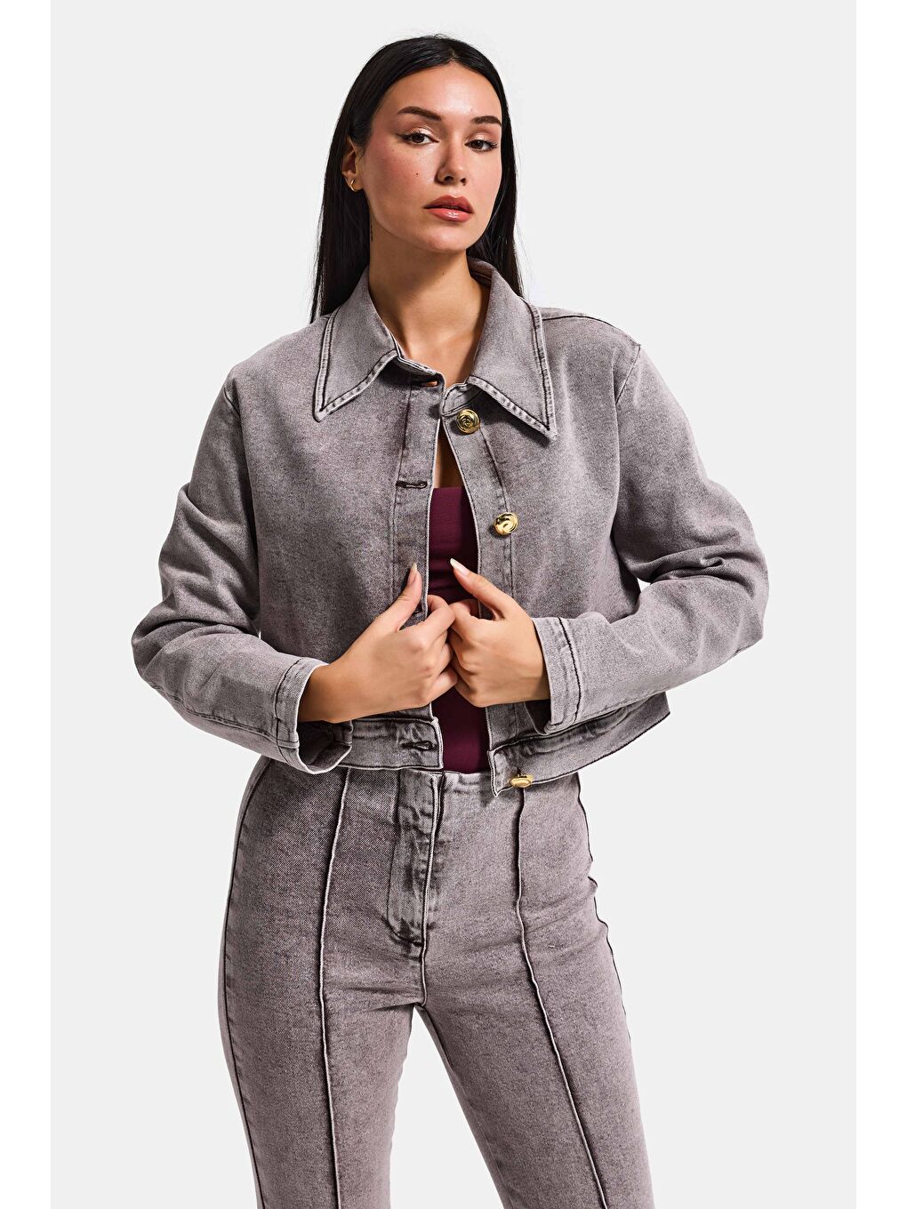 Kadın Gri 3s6-158 Crop Fit Esnek Kumaş Düğmeli Denim Ceket-1