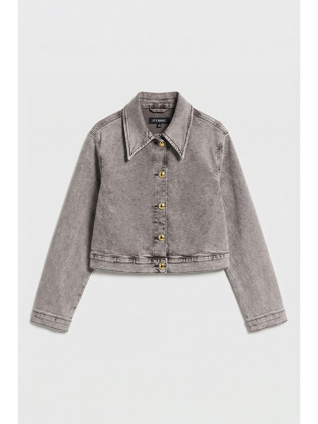 Kadın Gri 3s6-158 Crop Fit Esnek Kumaş Düğmeli Denim Ceket-2