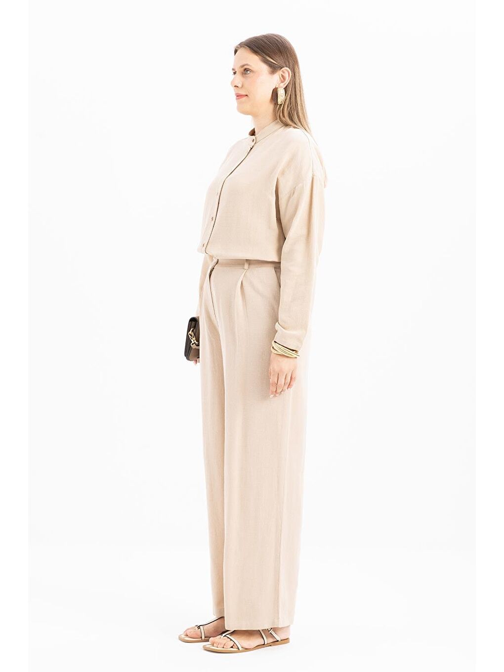 Bej-Pileli Geniş Paça Keten Pantolon-1