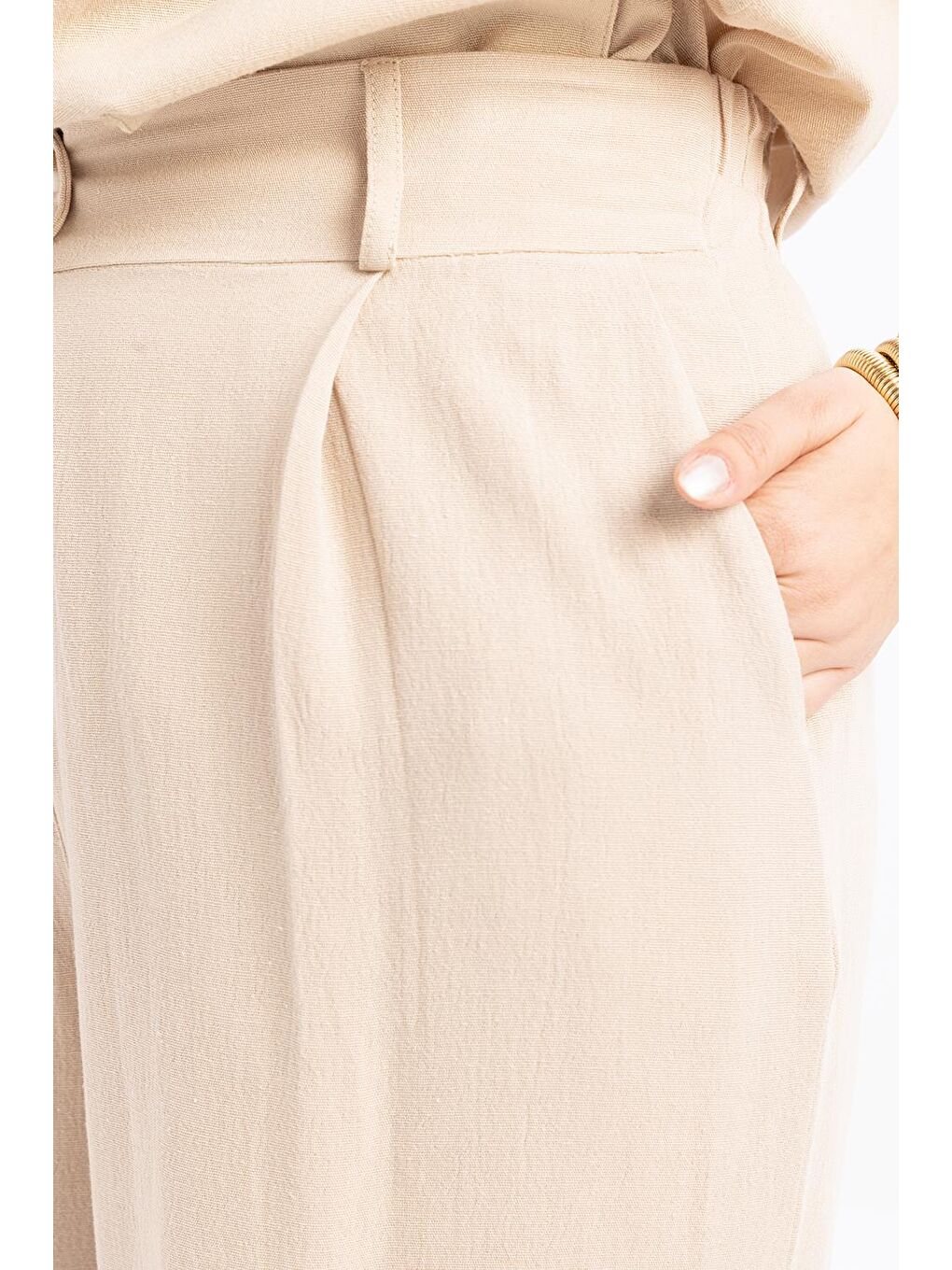 Bej-Pileli Geniş Paça Keten Pantolon-3