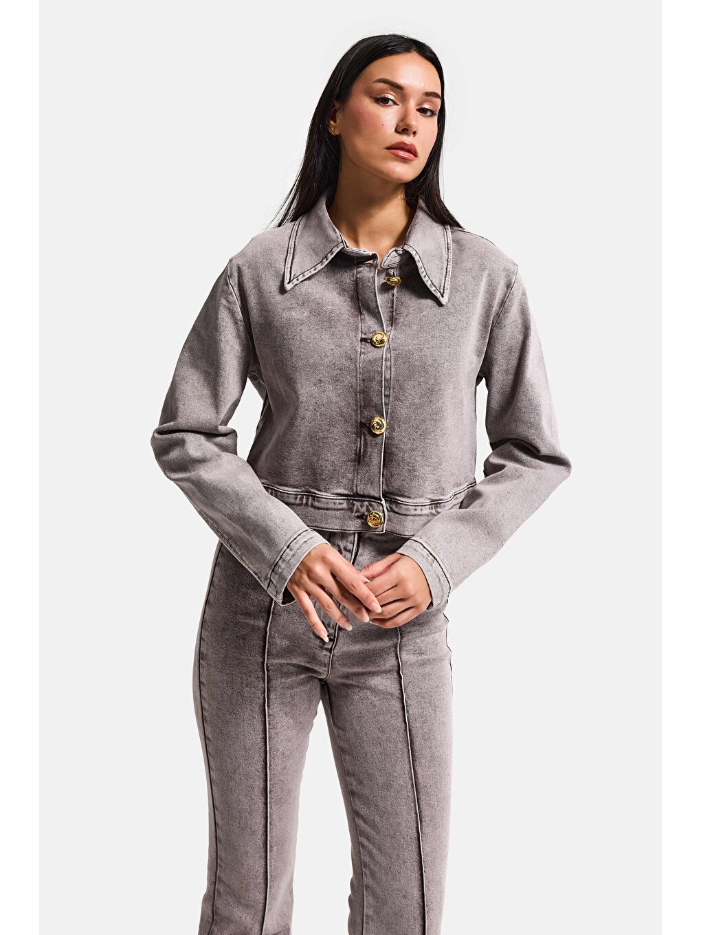 Kadın Gri 3s6-158 Crop Fit Esnek Kumaş Düğmeli Denim Ceket-3