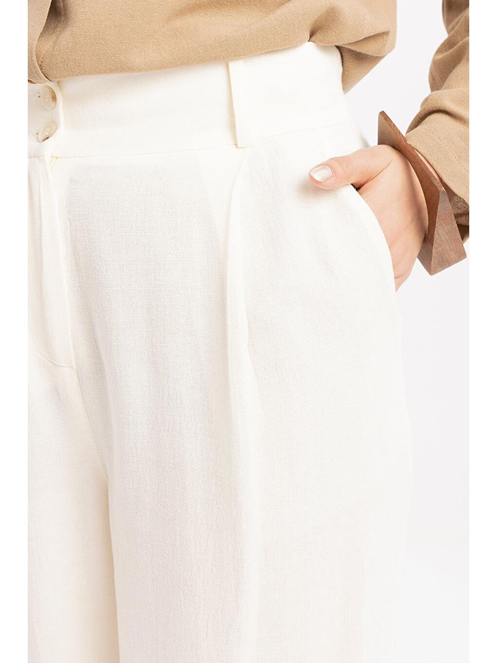 Ekru-Pileli Geniş Paça Keten Pantolon-3