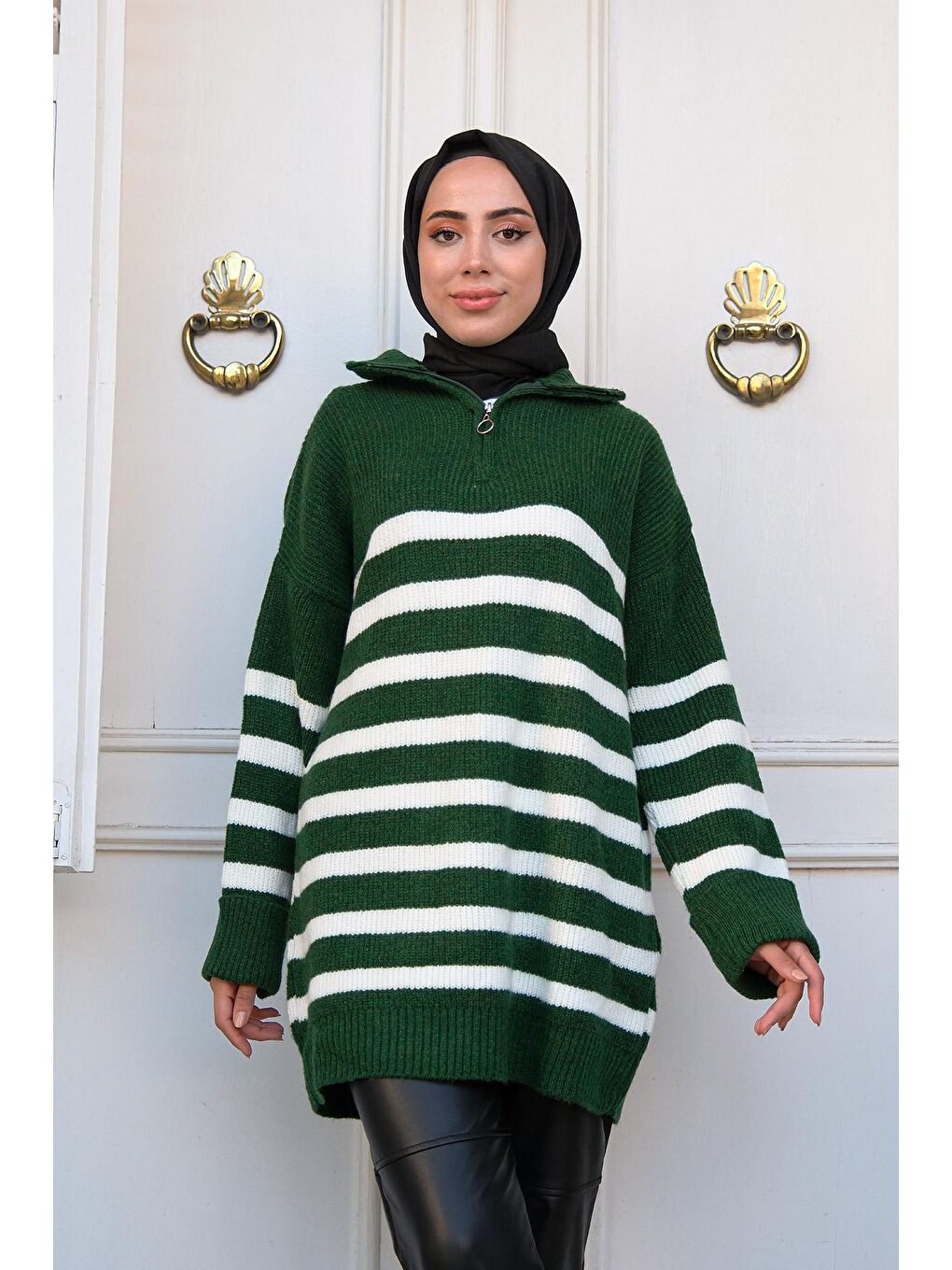 Kadın Çizgili Triko Kazak Zümrüt Yeşil-1