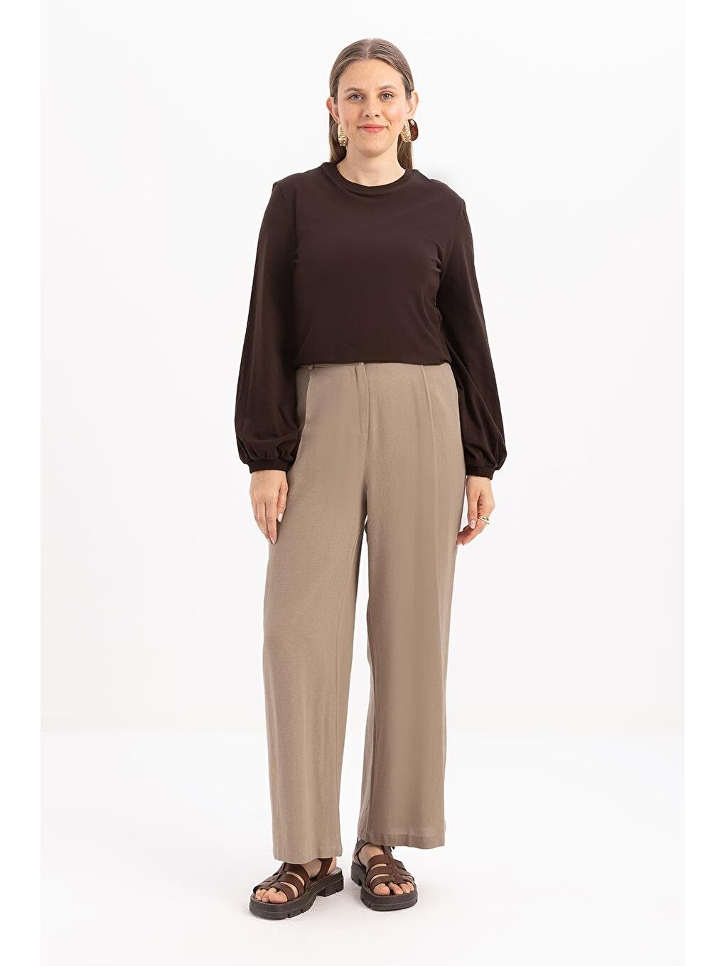 Kahverengi Vizon-Pileli Geniş Paça Keten Pantolon-1