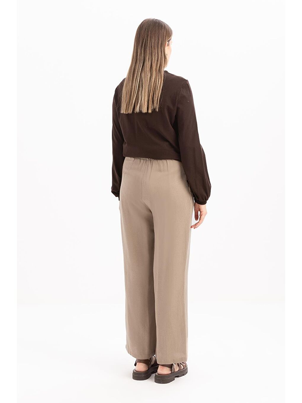 Kahverengi Vizon-Pileli Geniş Paça Keten Pantolon-3