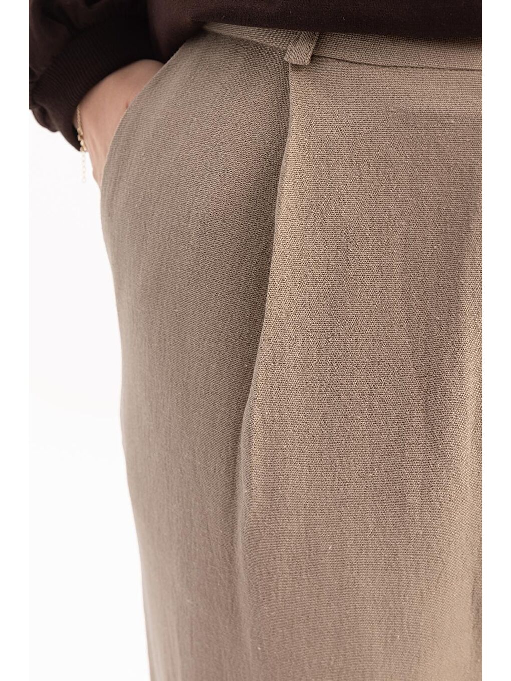 Kahverengi Vizon-Pileli Geniş Paça Keten Pantolon-4
