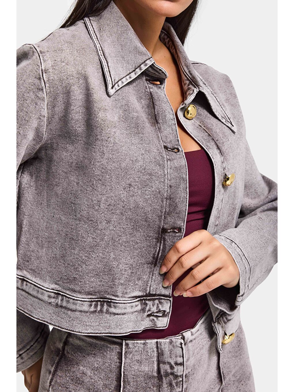 Kadın Gri 3s6-158 Crop Fit Esnek Kumaş Düğmeli Denim Ceket-5
