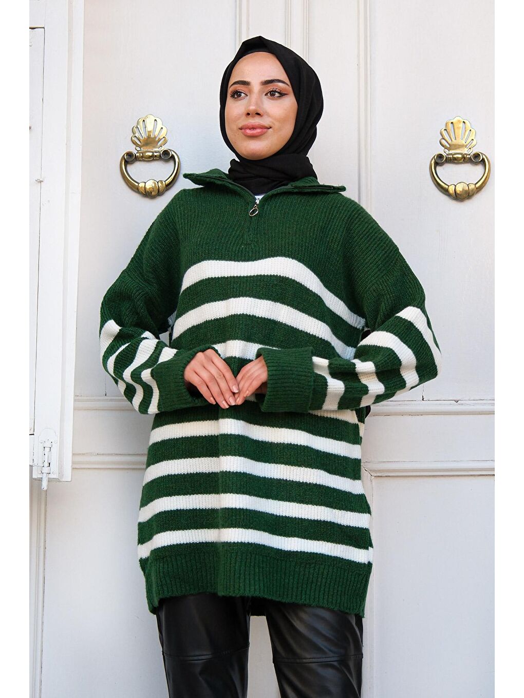 Kadın Çizgili Triko Kazak Zümrüt Yeşil-2