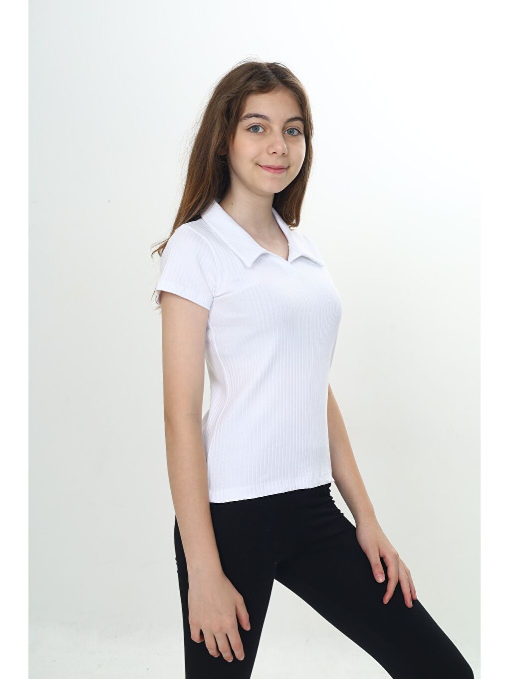 Beyaz Kız Çocuk Okul Polo Yaka Fitilli Tişört-1