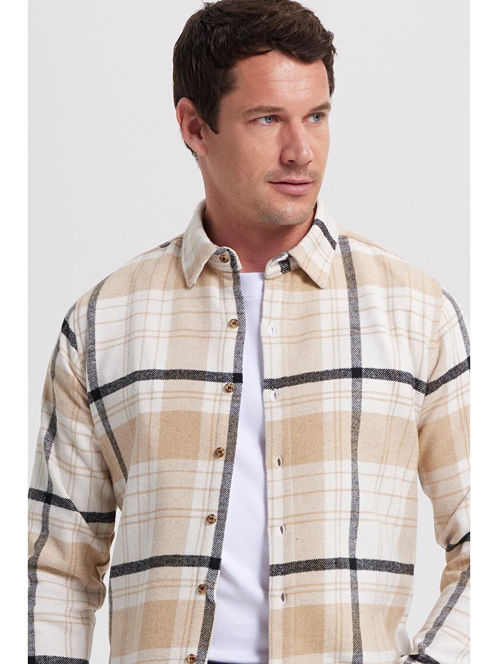 Ekru Erkek Slim Fit Dar Kesim Kareli Kışlık Oduncu Gömlek-1