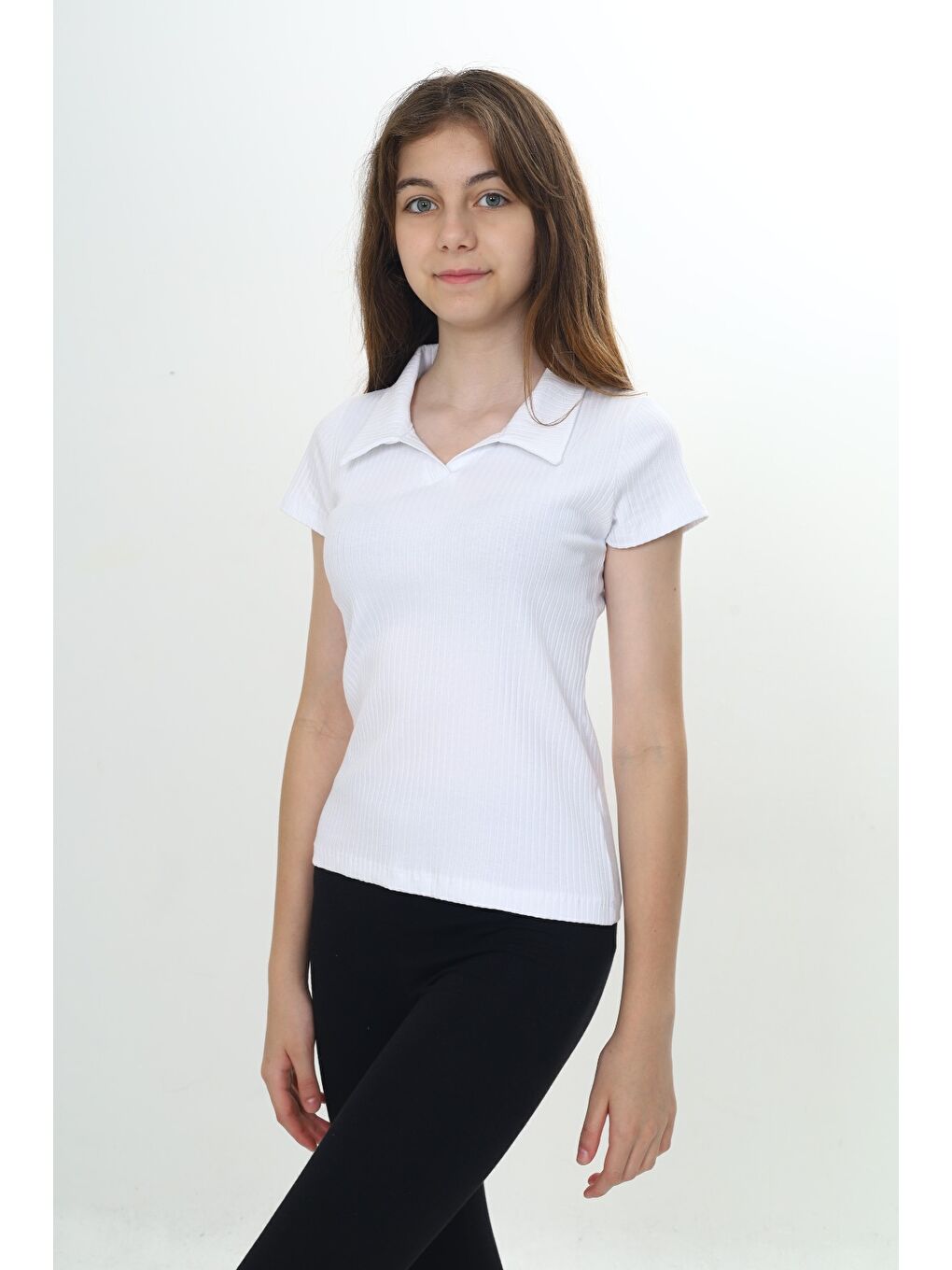 Beyaz Kız Çocuk Okul Polo Yaka Fitilli Tişört-3