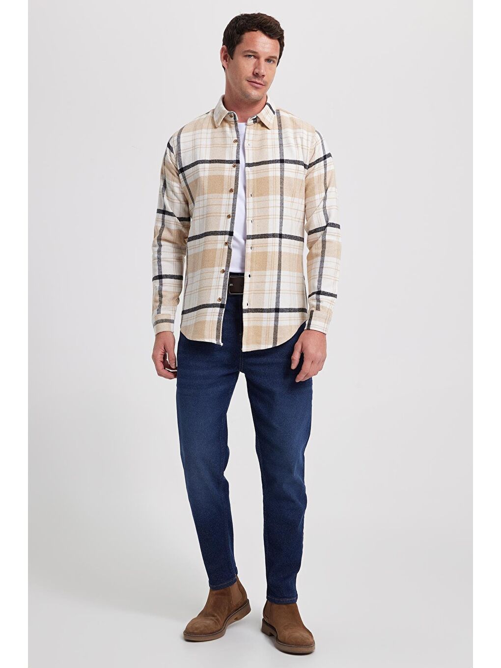 Ekru Erkek Slim Fit Dar Kesim Kareli Kışlık Oduncu Gömlek-2