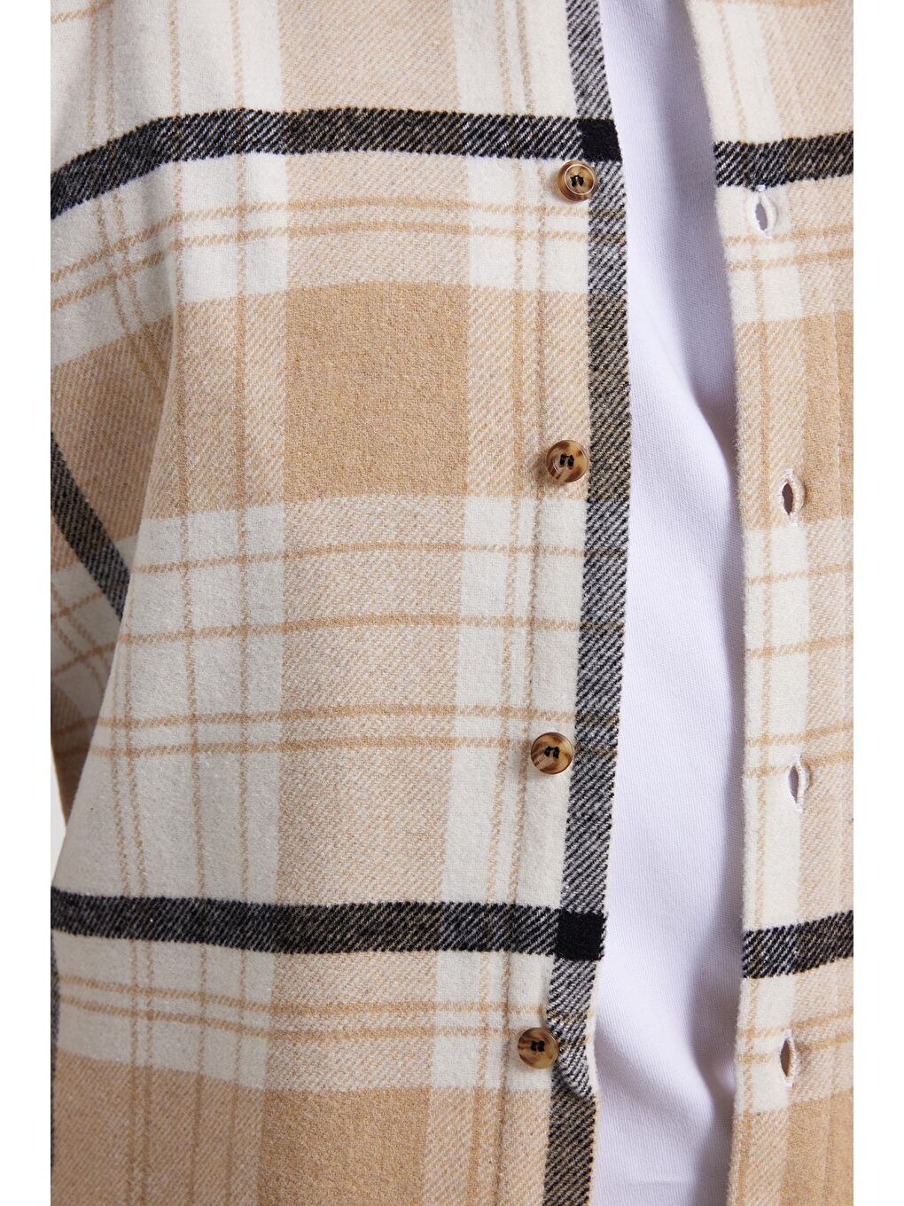 Ekru Erkek Slim Fit Dar Kesim Kareli Kışlık Oduncu Gömlek-3