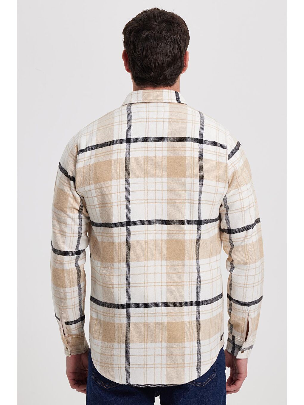Ekru Erkek Slim Fit Dar Kesim Kareli Kışlık Oduncu Gömlek-5