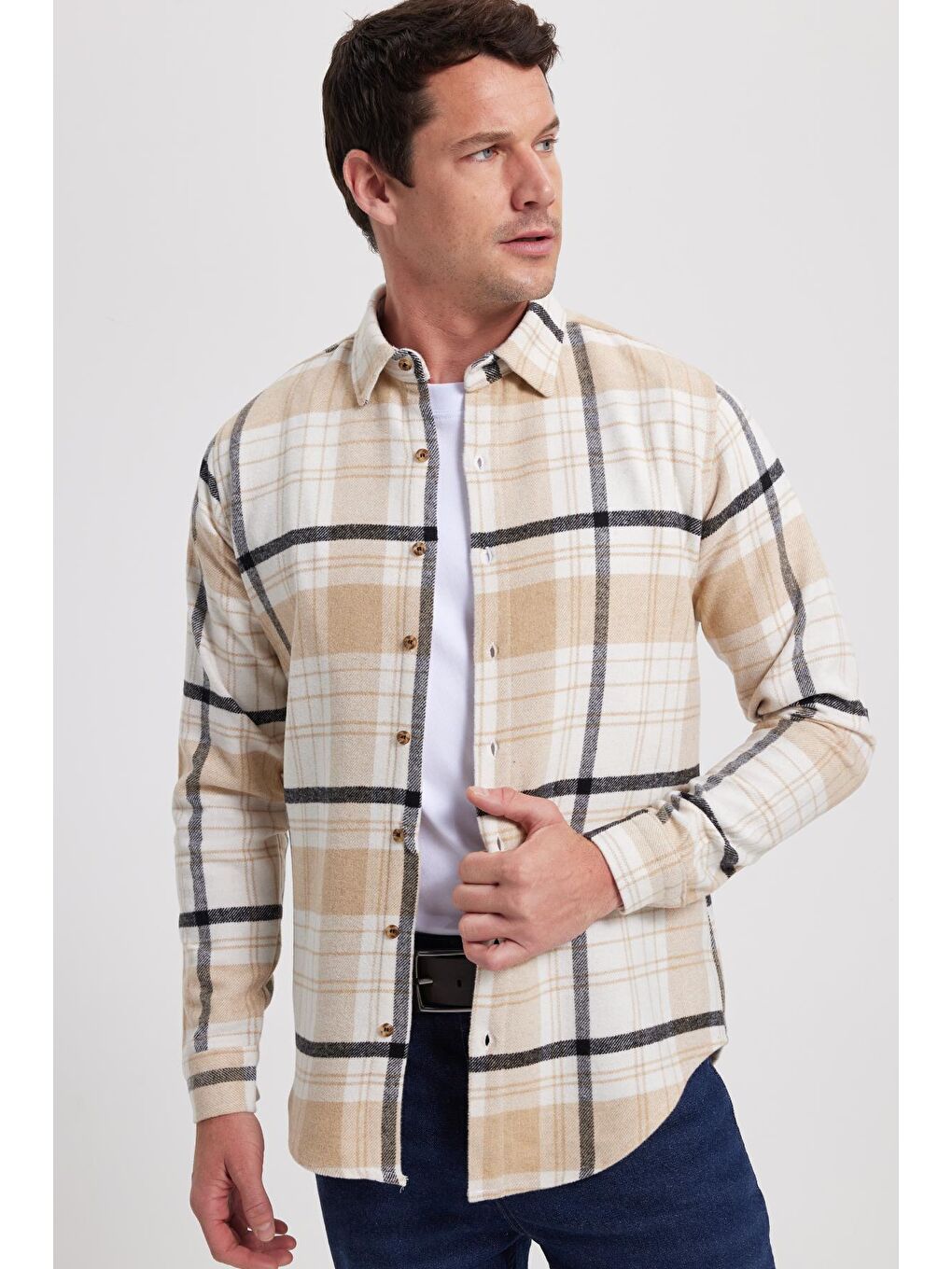 Ekru Erkek Slim Fit Dar Kesim Kareli Kışlık Oduncu Gömlek-6
