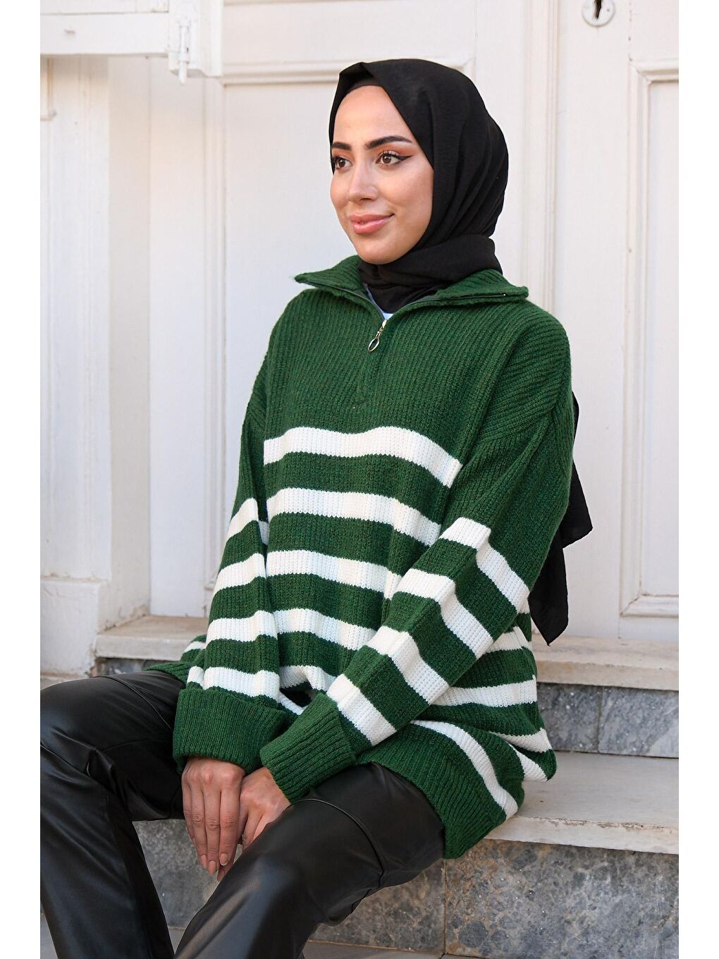 Kadın Çizgili Triko Kazak Zümrüt Yeşil-3