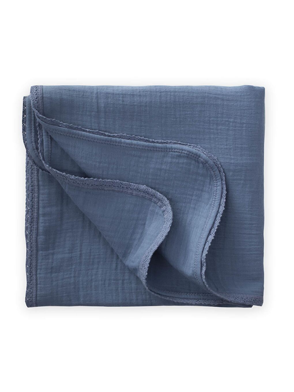 Dantel İşlemeli Tekkat Müslin Battaniye 100X100 Cm +/- 3 Cm İndigo Mavi