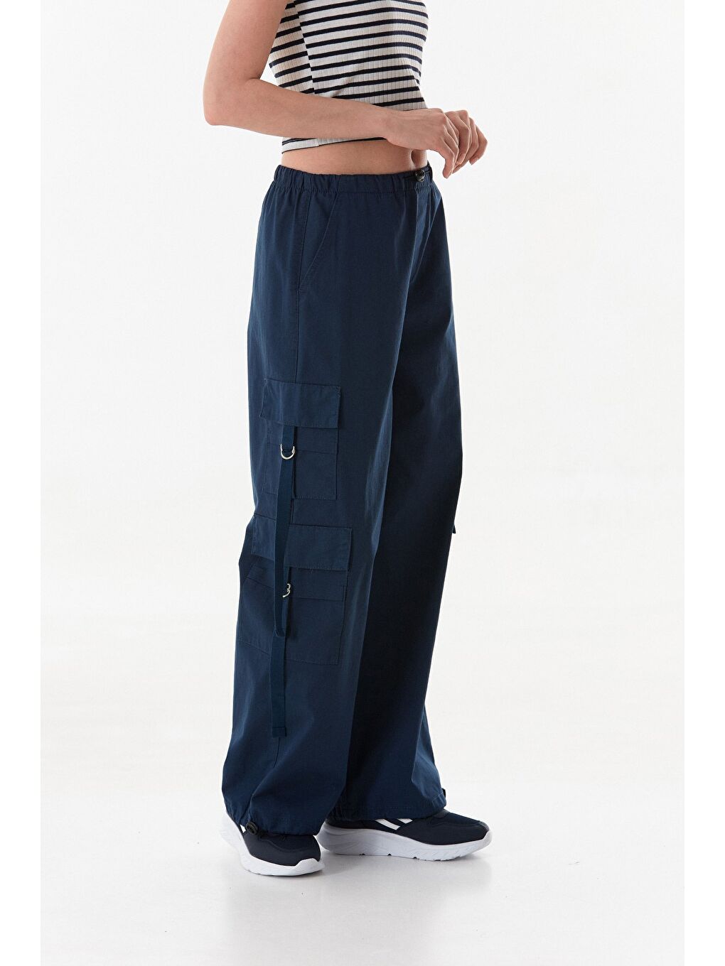 Lacivert Beli Ve Paçası Stoperli Kargo Cepli Gabardin Pantolon-1