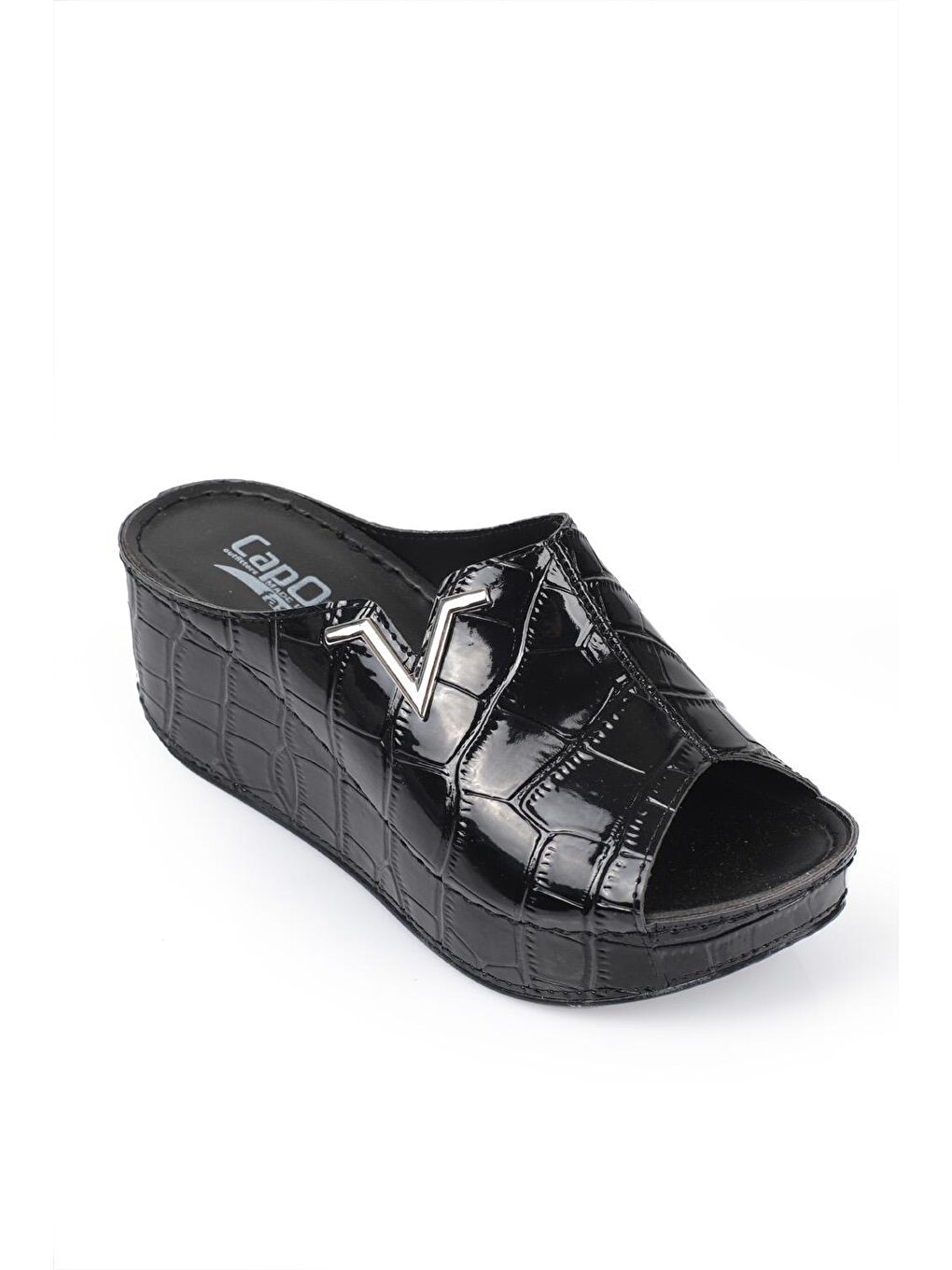 Siyah 6145 Kadın Dolgu Topuklu V Toka Kroko Desenli Rugan Terlik-2