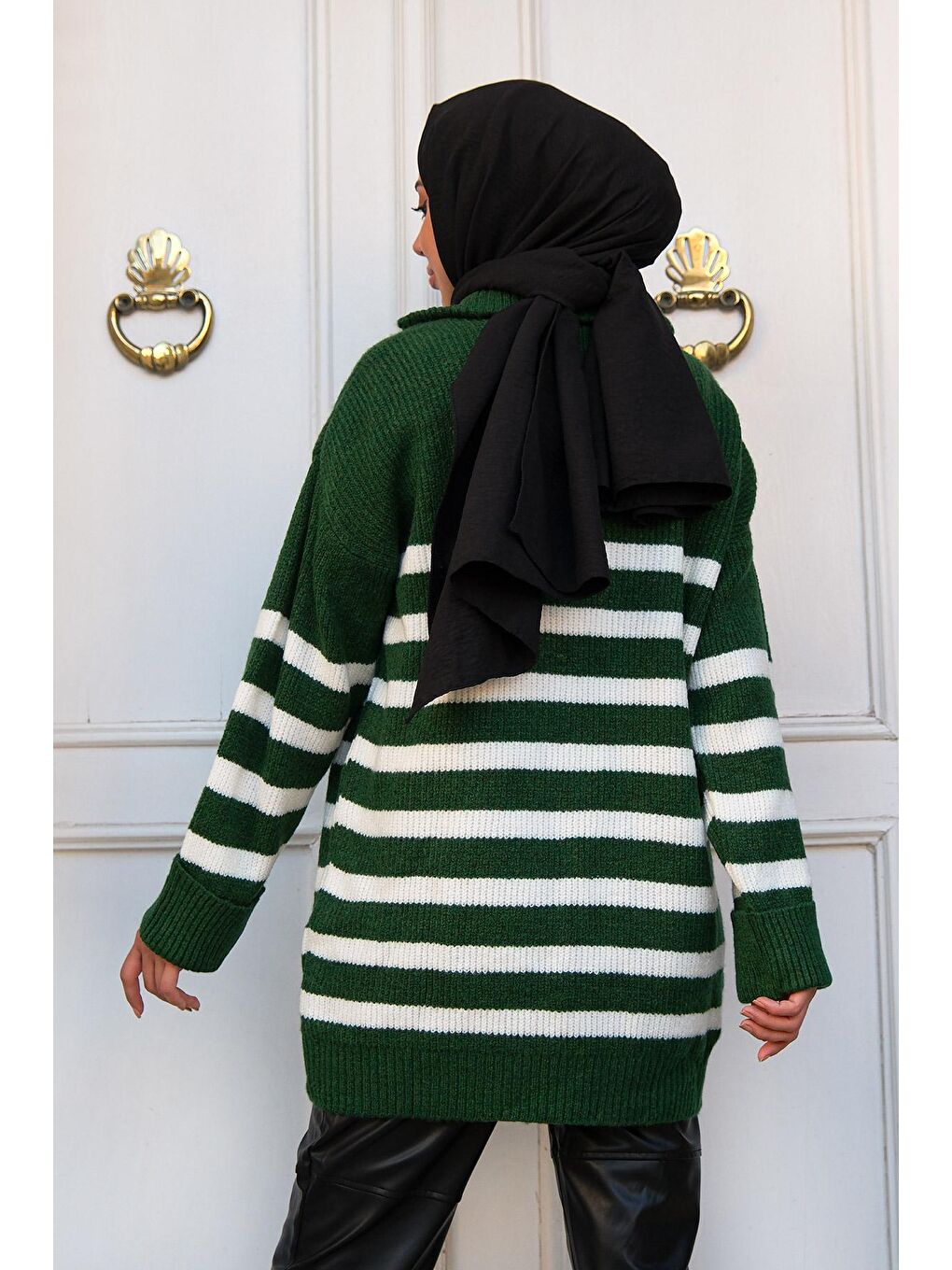 Kadın Çizgili Triko Kazak Zümrüt Yeşil-4