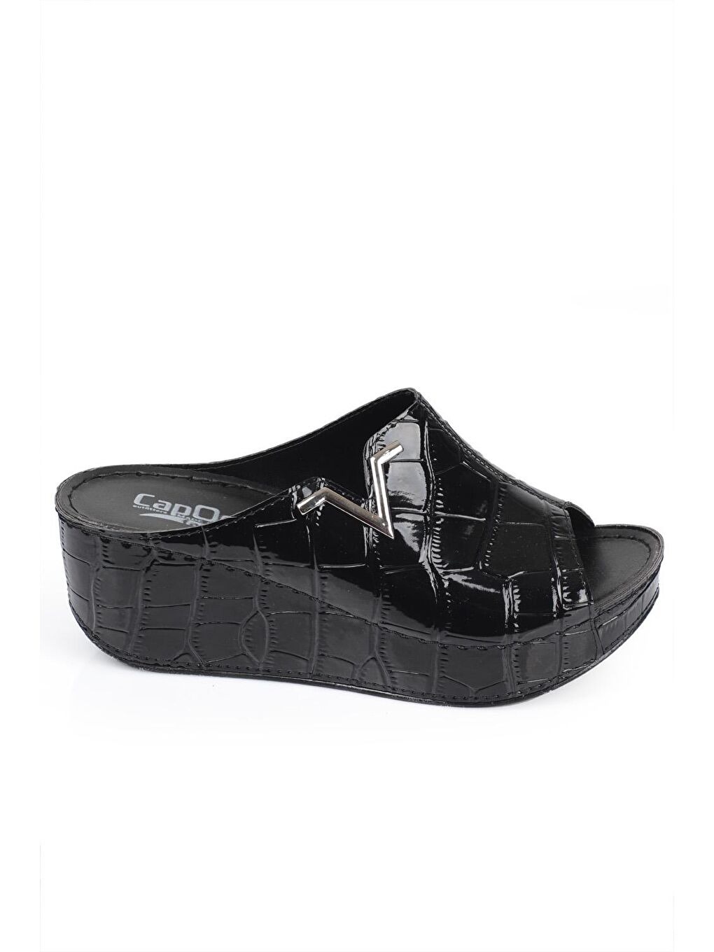 Siyah 6145 Kadın Dolgu Topuklu V Toka Kroko Desenli Rugan Terlik-3
