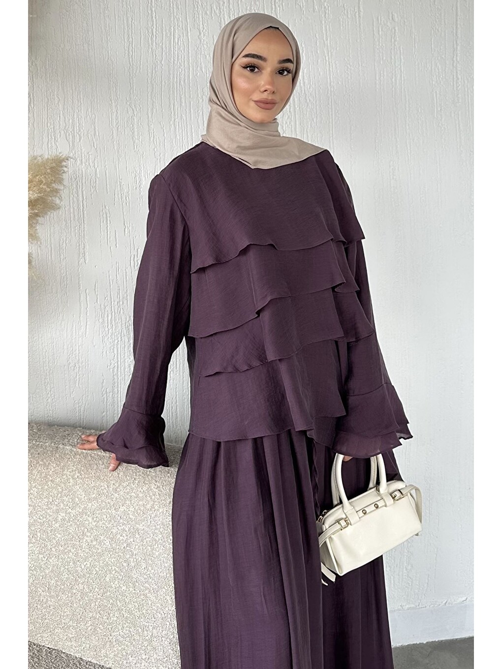 Mürdüm Astarlı Kat Detaylı Bluz Pantolon Tesettür İkili Takım-5
