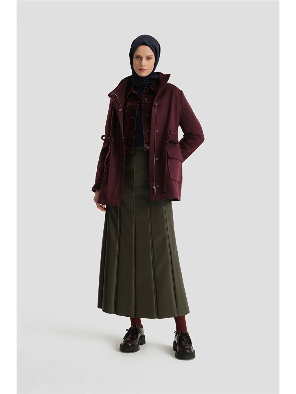 ARMİNE Bordo Beli Bağcıklı Kısa Kaban 24Kh7528 Mürdüm