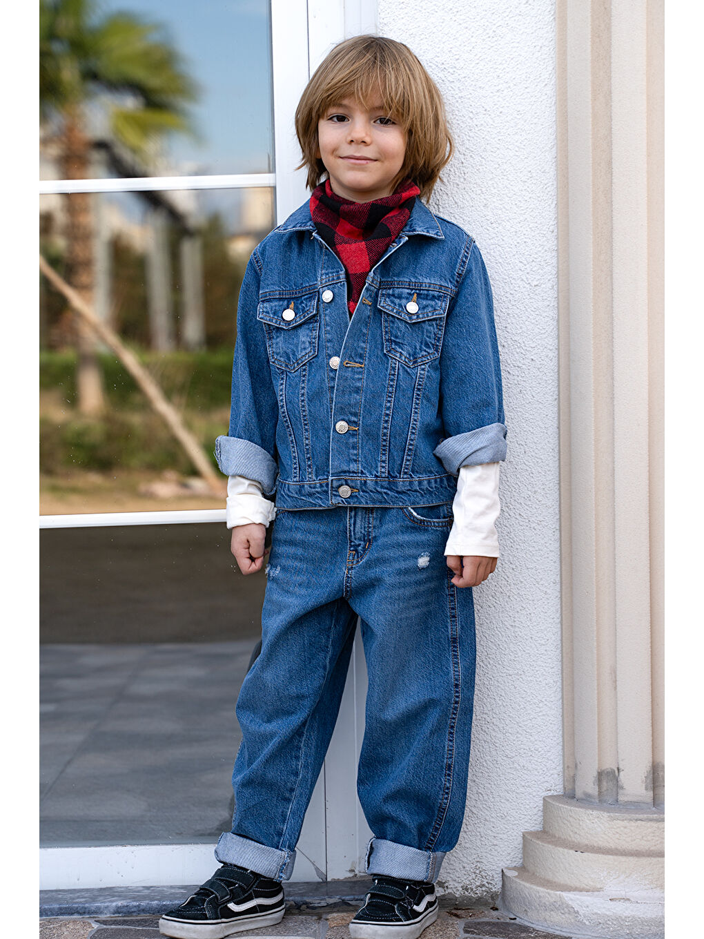 Catz Kids 3 lü Set % 100 Pamuk Lacivert Jean Pantolon ve Ceket Takım  + Fular Hediyeli