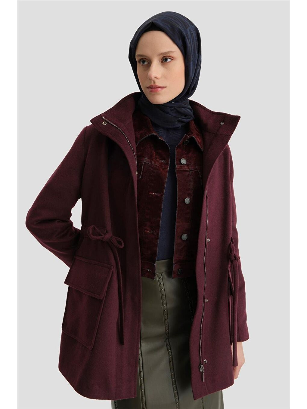 ARMİNE Bordo Beli Bağcıklı Kısa Kaban 24Kh7528 Mürdüm - 1