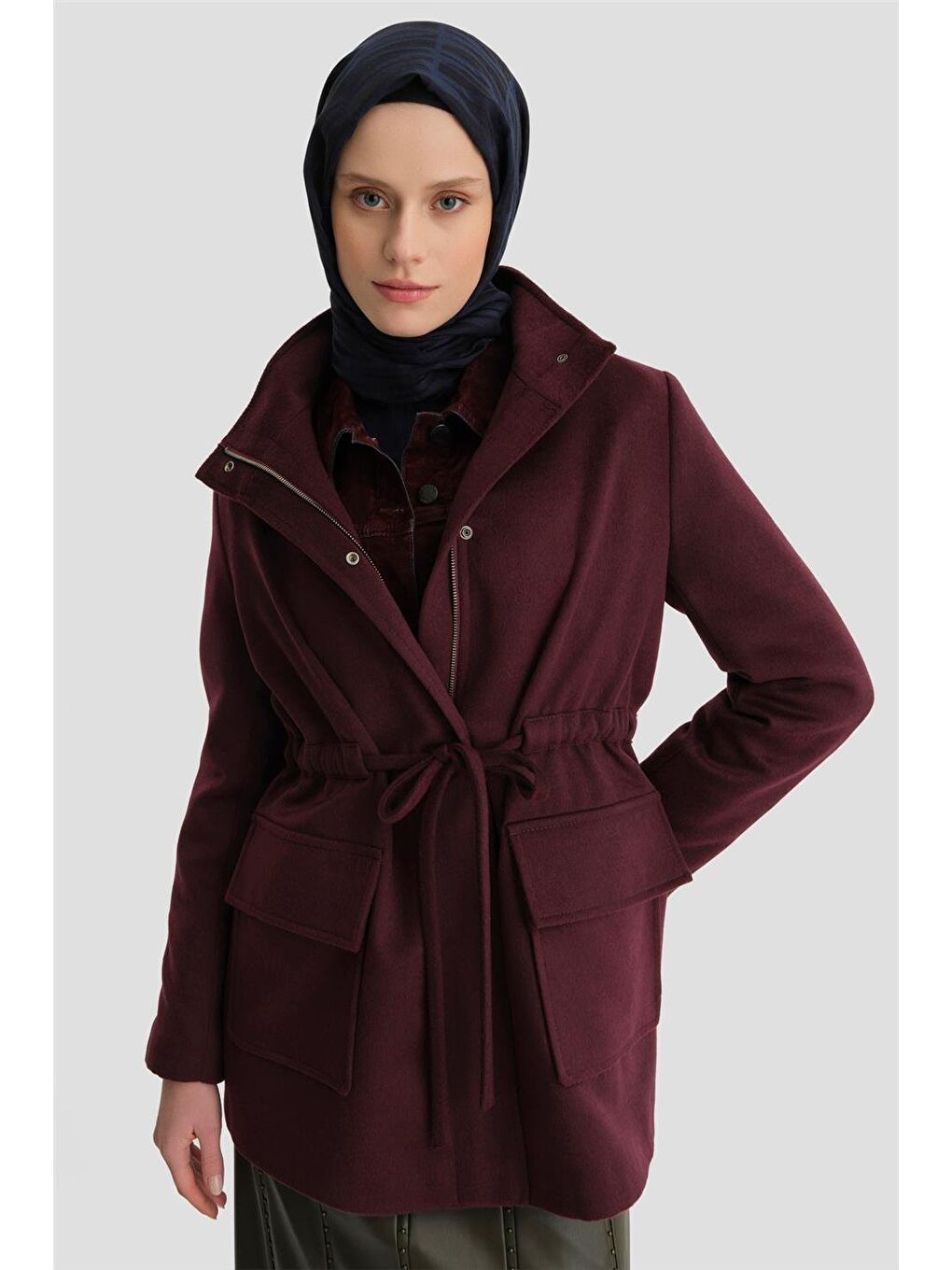 ARMİNE Bordo Beli Bağcıklı Kısa Kaban 24Kh7528 Mürdüm - 3