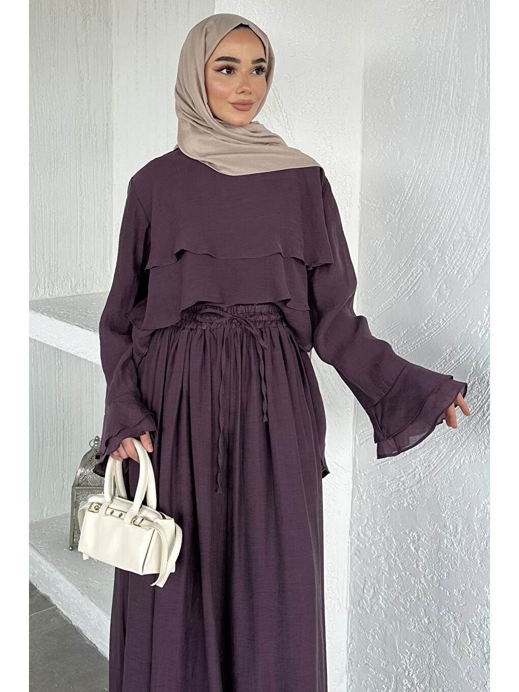 Mürdüm Astarlı Kat Detaylı Bluz Pantolon Tesettür İkili Takım-7
