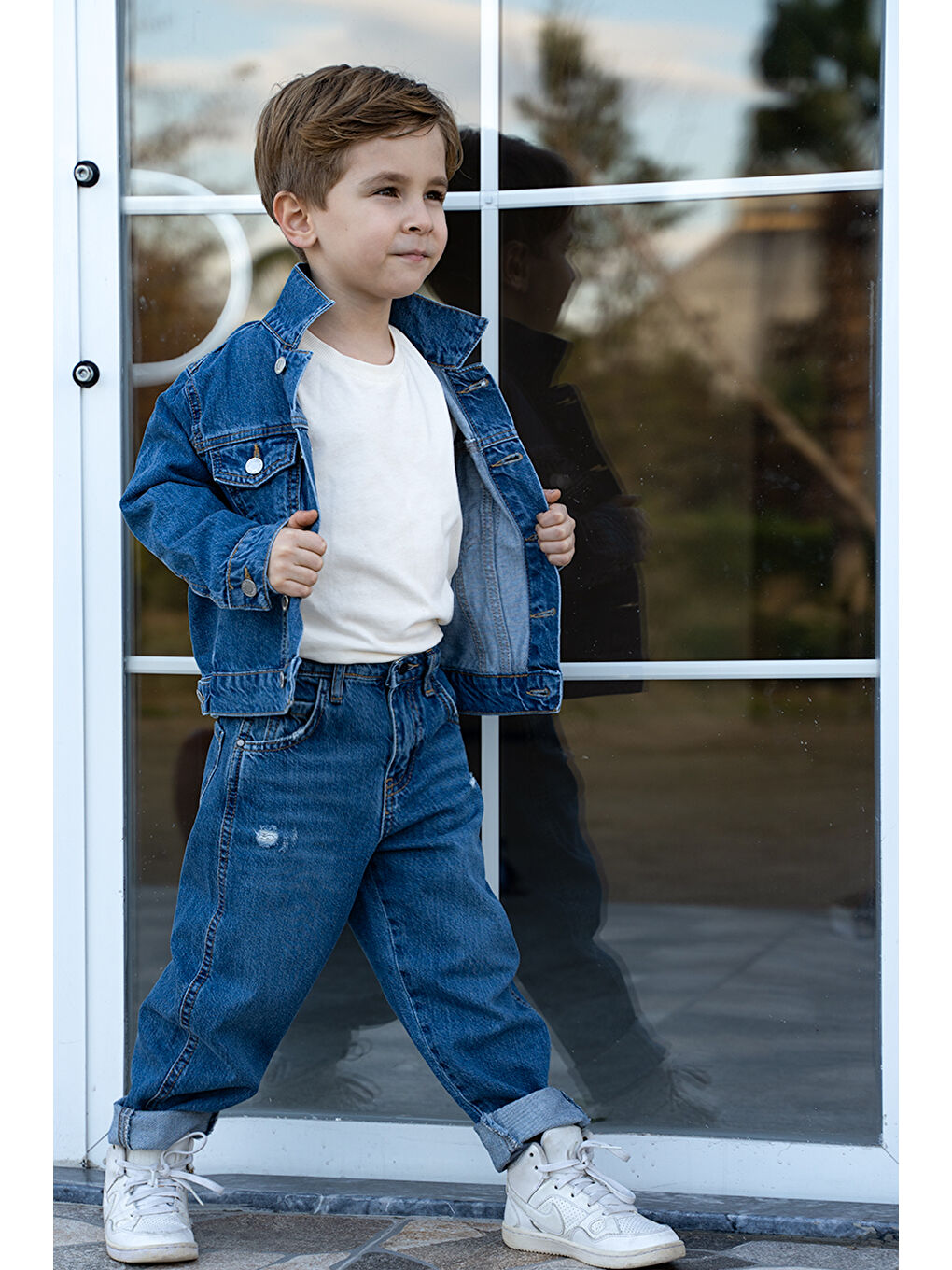 Catz Kids 3 lü Set % 100 Pamuk Lacivert Jean Pantolon ve Ceket Takım  + Fular Hediyeli - 4